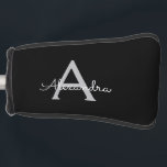 Funda Para Palo De Golf Black Silver Modern Script Girly Monograma Nombre<br><div class="desc">Cubierta del putter de golf con el nombre simple del monograma de escritura negro y plateado. Esto hace que el dulce perfecto cumpleaños 16,  boda,  ducha de novia,  aniversario,  ducha de bebé o fiesta de soltera sea regalo para alguien que ama el lujo glam y los estilos de moda.</div>
