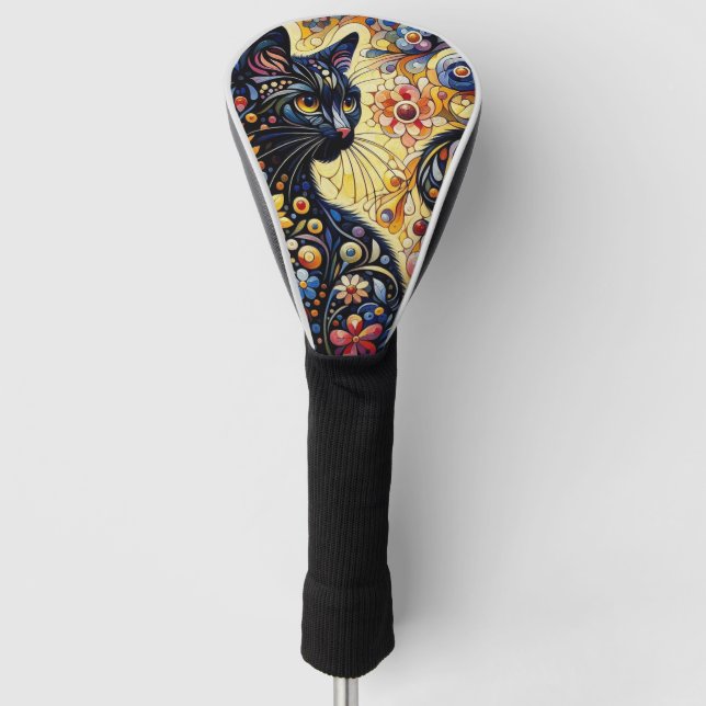 Funda Para Palo De Golf Black Whimsical Cat Resumen Arte de pintura floral (Anverso)