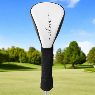 Funda Para Palo De Golf Black White Modern Script Girly Monograma Nombre