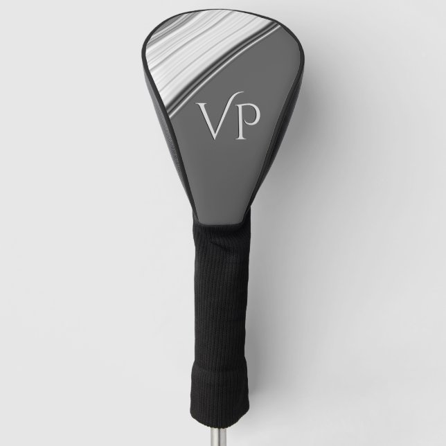 Funda Para Palo De Golf Blanco moderno en monograma gris (Anverso)