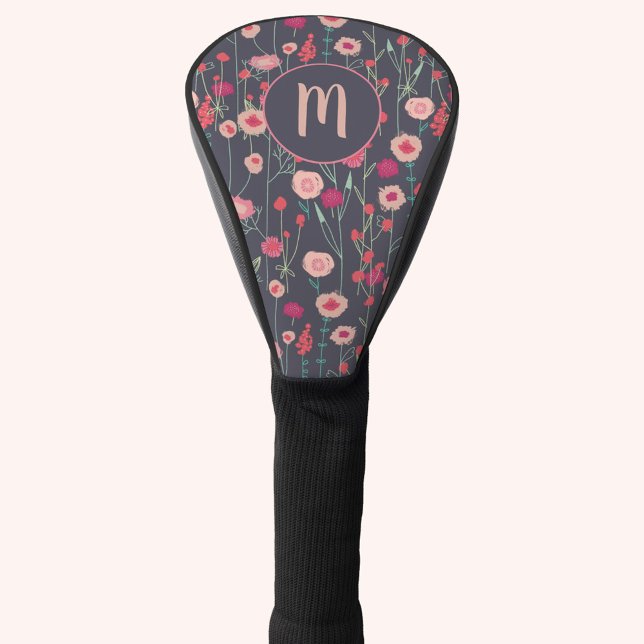 Funda Para Palo De Golf Boho rosa negro floral monograma (Boho wildflower painting personalized initial monogram dark golf head cover)