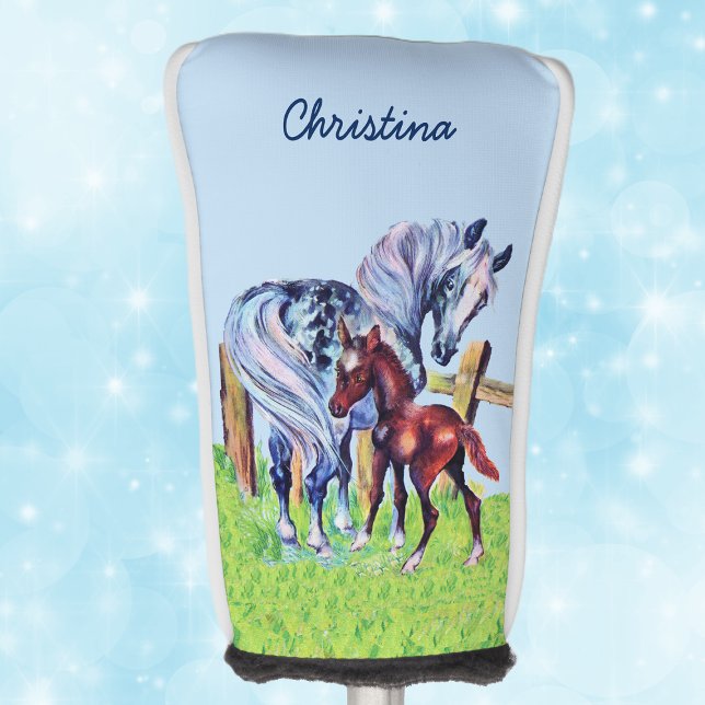Funda Para Palo De Golf Bonito Pastel Colt Amo Madre Caballo (Mother horse pastel colours with brown baby colt in grass field by fence blue sky on golf club cover)