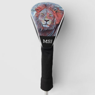 Funda Para Palo De Golf Cabeza de león majestuosa en rojo y azul con mono