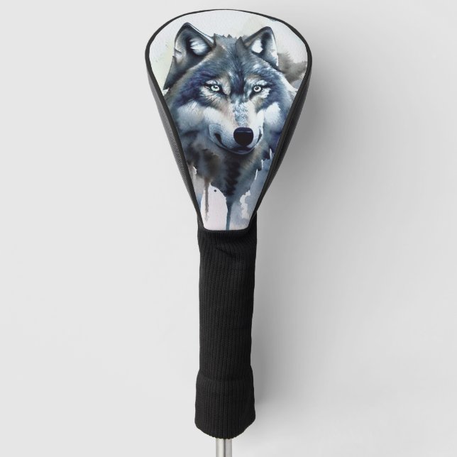 Funda Para Palo De Golf Cabeza de lobo en acuarela azul polvoriento (Anverso)