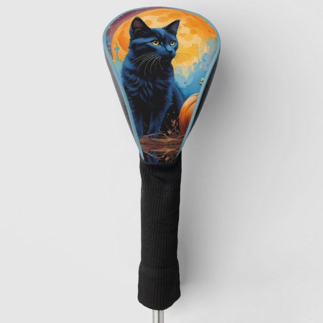 Funda Para Palo De Golf Calabaza de gatito negro de hojas de otoño llenas  (Anverso)