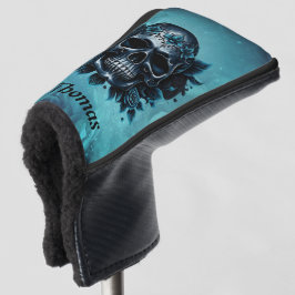 Funda Para Palo De Golf Calavera azul oscuro con rosas.