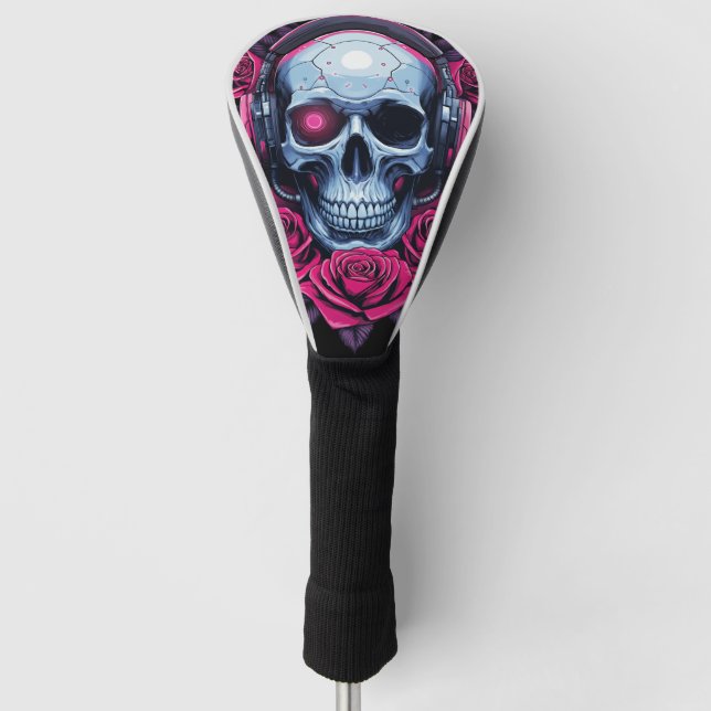 Funda Para Palo De Golf Calavera de cibermuerte en neón y Rosas negros (Anverso)
