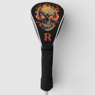 Funda Para Palo De Golf Calavera Gótica Oscura en Llamas Monograma Inicial