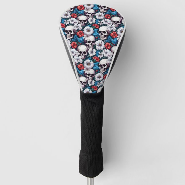 Funda Para Palo De Golf Calaveras con flores rojas y blancas (Anverso)