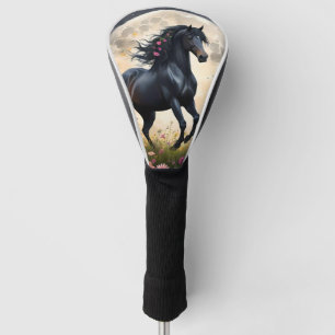 Funda Para Palo De Golf Campo de flor de la luna del caballo negro,