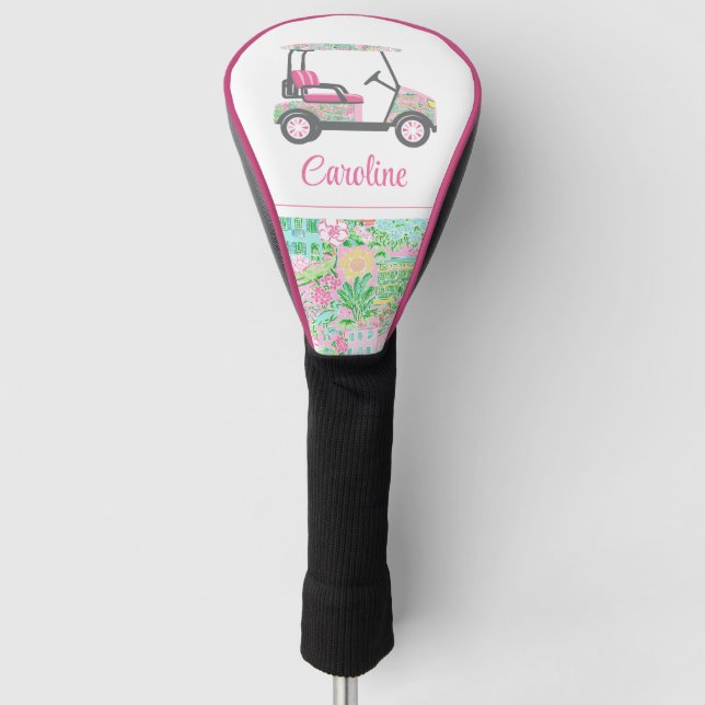 Funda Para Palo De Golf Carro de golf rosa y verde Palm Beach personalizad (Anverso)