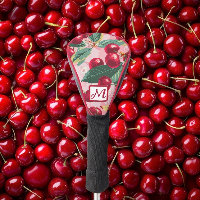 Funda Para Palo De Golf Cheery Cherry Retro Rosa Monogramado  (Retro Cherry Pop Monogrammed Golf Head Cover )