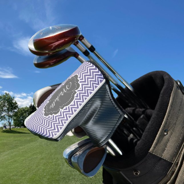 Funda Para Palo De Golf Chevron morado personalizado (Purple Chevron Personalized Golf Head Cover)