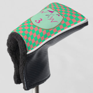 Funda Para Palo De Golf Chic Coral Rosa y Verde Pastel Cuadros Monograma