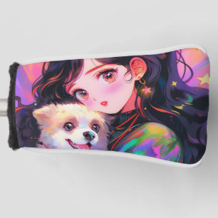Funda Para Palo De Golf Chica adorable de anime retro y su perro