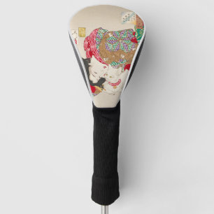 Funda Para Palo De Golf Chinoiserie Dama Japonesa y Gato Arte Kimono