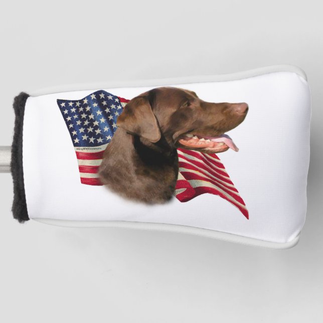 Funda Para Palo De Golf Chocolate Labrador recuperar bandera estadounidens (Anverso)