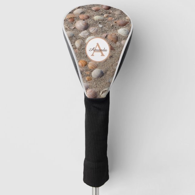 Funda Para Palo De Golf conchas marinas en la playa con monograma y nombre (Anverso)