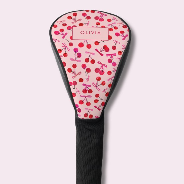 Funda Para Palo De Golf Coquette Cherry & Bow (Coquette cherry & bow pattern pink golf head cover. Personalize with your own name or initials.)