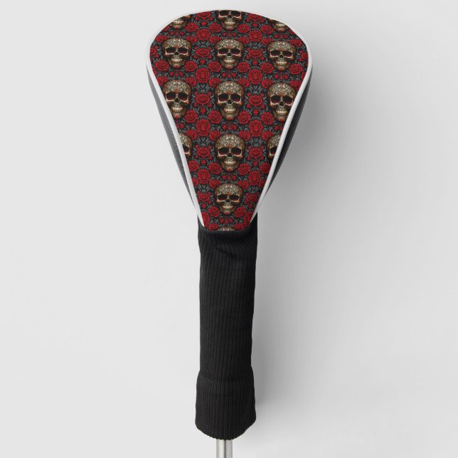 Funda Para Palo De Golf Cráneo del Día de los Muertos con rosas rojas (Anverso)