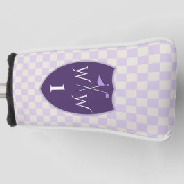 Funda Para Palo De Golf Crema blanca y púrpura a cuadros y monograma y núm