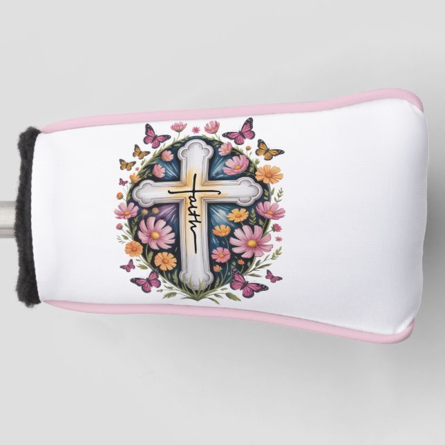 Funda Para Palo De Golf Cruz de fe floral (Anverso)