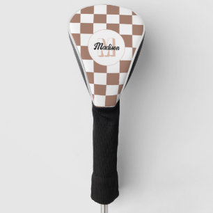 Funda Para Palo De Golf Cuadrados de damero marrón mocha blanco Monograma