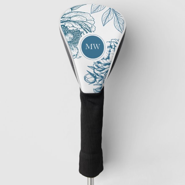 Funda Para Palo De Golf Cubierta de cabeza de golf Blue Floral Peony (Anverso)
