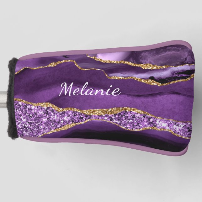 Funda Para Palo De Golf Cubierta de cabezal de golf Purple Gold con nombre (Anverso)