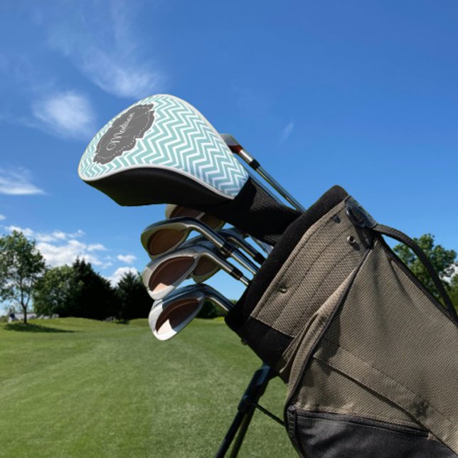 Funda Para Palo De Golf Cubierta personalizada de cabeza de golf de Chevro (Teal Chevron Personalized Golf Head Cover)