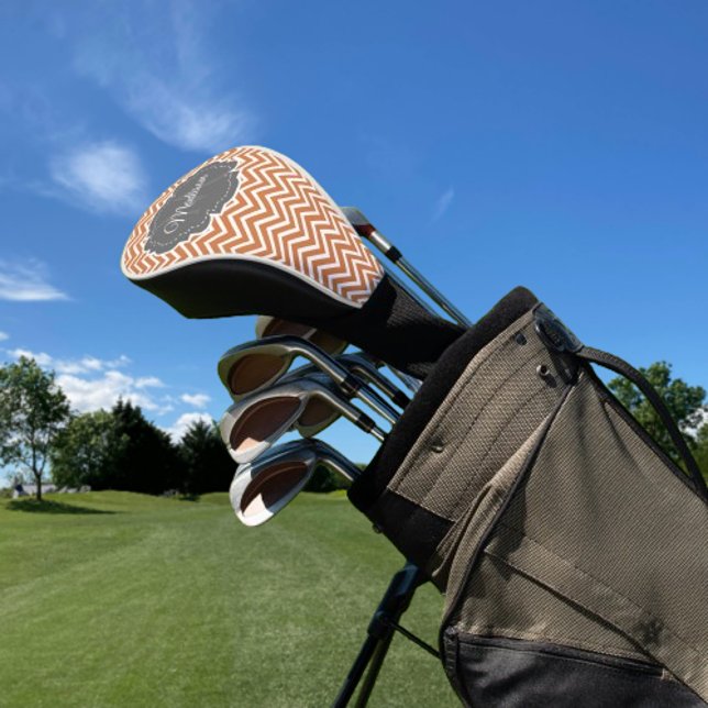 Funda Para Palo De Golf Cubierta personalizada del cabezal de golf del nar (Orange Chevron Personalized Golf Head Cover)