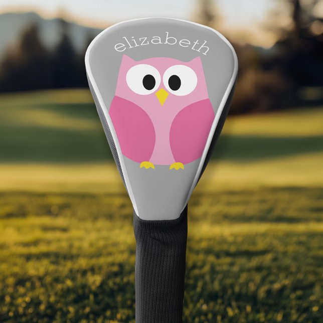 Funda Para Palo De Golf Cute Cartoon Owl - Pink and Gray Custom Name (Personalized Golf Head Cover)