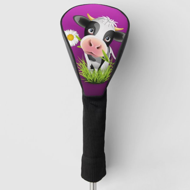 Funda Para Palo De Golf Cute vaca Holstein en el pasto sobre morado (Anverso)