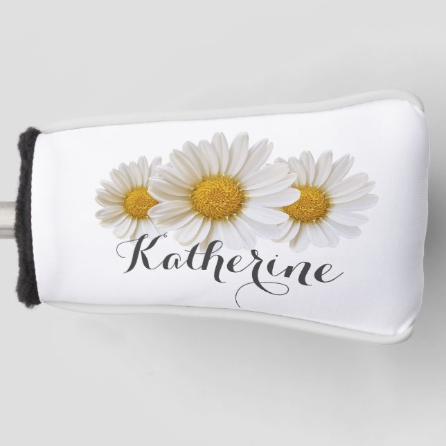 Funda Para Palo De Golf Daisies blancos con nombre blanco (Anverso)