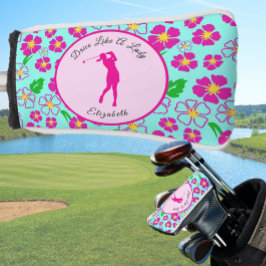 Funda Para Palo De Golf Dama Golfista Rosa Aqua Preppy Nombre Personalizad