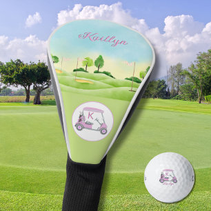 Funda Para Palo De Golf Damas Pink Watercolor Carro Monograma Nombre Golf
