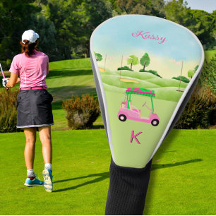 Funda Para Palo De Golf Damas Pink Watercolor Carro Monograma Nombre Golf