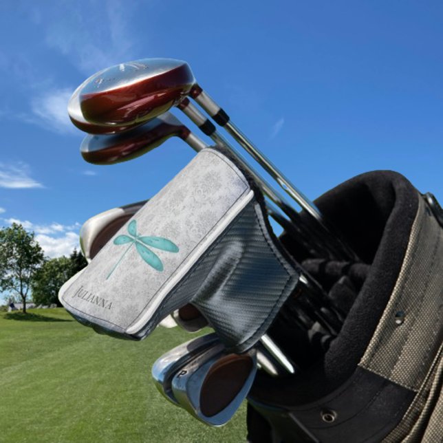 Funda Para Palo De Golf Damasco verde azulado de la libélula (Teal Dragonfly Damask Personalized Golf Head Cover)