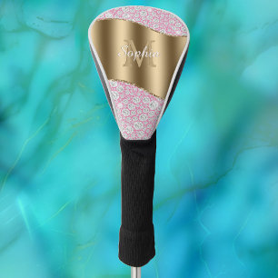 Funda Para Palo De Golf Diamantes de glam en rosa, monograma de oro, nombr