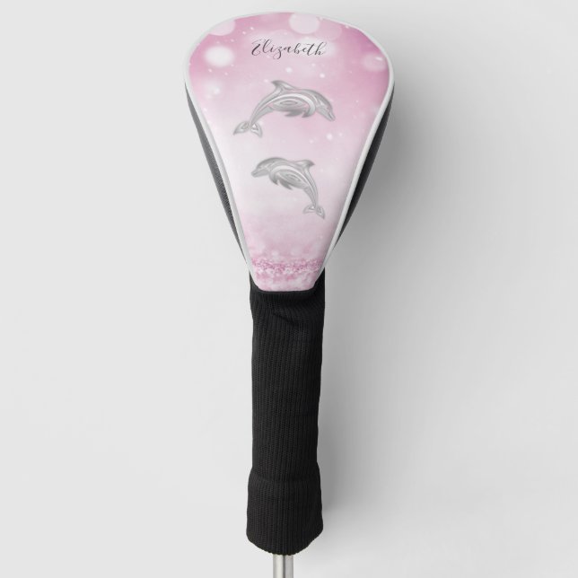 Funda Para Palo De Golf Dolphins Purpurina rosa Girly Monograma (Anverso)
