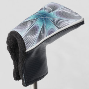 Funda Para Palo De Golf Elegancia Flor de Arte Fractal Blanco Gris Azul