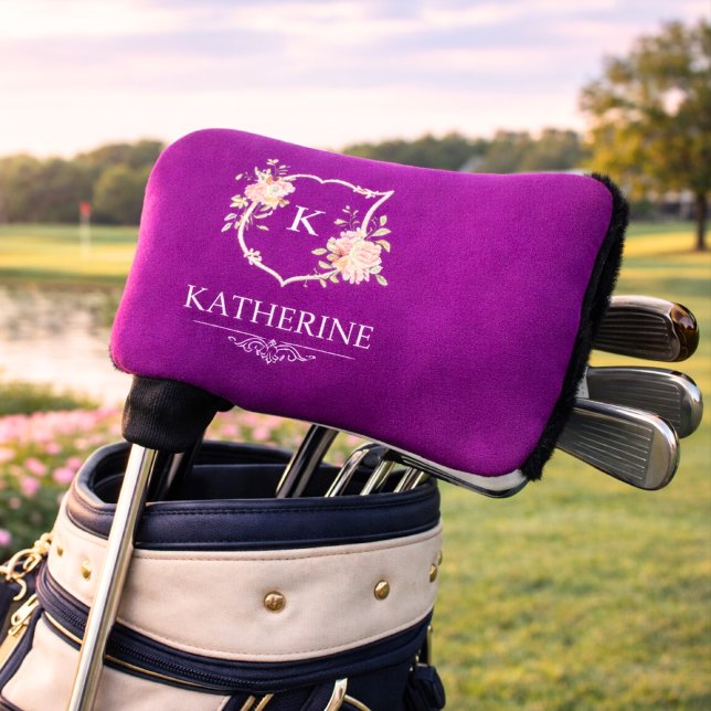 Funda Para Palo De Golf Elegant Purple Botanical Crest Feminine Monogram (purple crest monogram golf head cover)