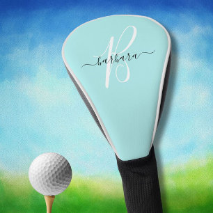 Funda Para Palo De Golf Elegante Aqua Blue Monograma Verde azulado Nombre
