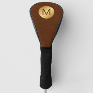 Funda Para Palo De Golf Elegante Clásico Faux Brown Leather & Gold Inicial