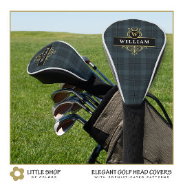 Funda Para Palo De Golf Elegante Cuadro de Vidrio Negro Dorado Monogramado