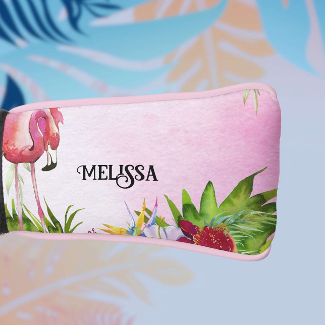 Funda Para Palo De Golf Elegante flamenco tropical (Tropical watercolor flamingo floral with personlization.)