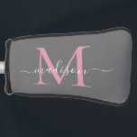 Funda Para Palo De Golf Elegante Guión Femenino del Monograma Rosa de Rubo<br><div class="desc">Elegante pizarra plateada Gris Rubor Monograma rosa Feminine Script Nombre Cubierta de cabeza de golf</div>