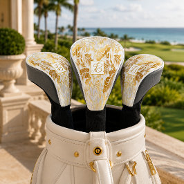 Funda Para Palo De Golf Elegante hoja de Monstera con monograma dorado y m