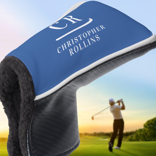 Funda Para Palo De Golf Elegante Moderno Monograma Iniciales Nombre Púter  (Elegant Modern Monogram Initials Name Blue Putter Golf Head Cover)
