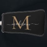 Funda Para Palo De Golf Elegante Monograma de Oro Negro Nombre de Guión Fe<br><div class="desc">Elegante Monograma de Oro Negro Nombre de guión femenino Tapa de cabeza de golf</div>